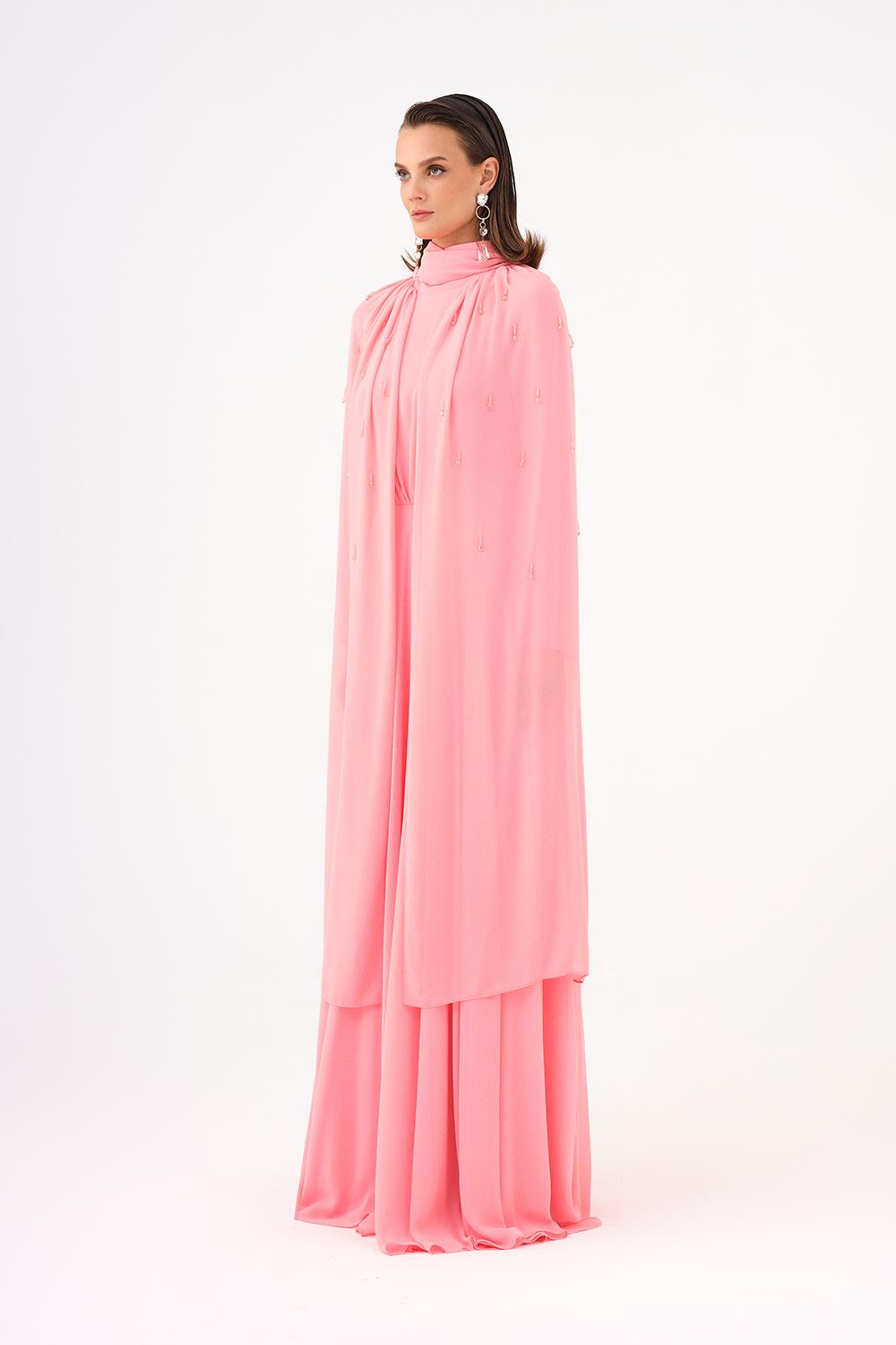 Boncuk İşlemeli Tesettür Şifon Uzun Abiye Elbise PEMBE