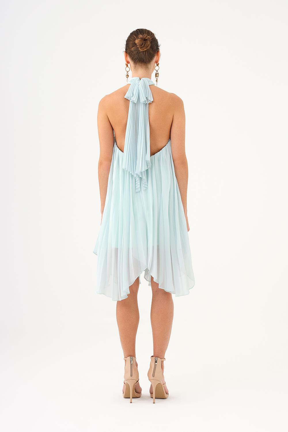 Halter Yaka Broş Detaylı Piliseli Mini Abiye Elbise PEMBE