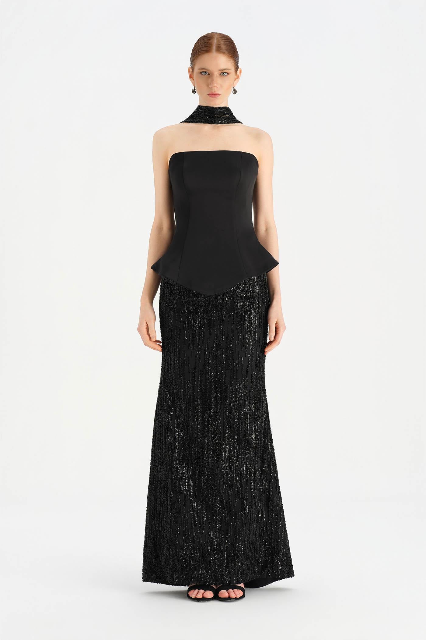 Boyundan Şallı Üstü Saten Taş İşlemeli Abiye Takım - 26067C - SİYAH