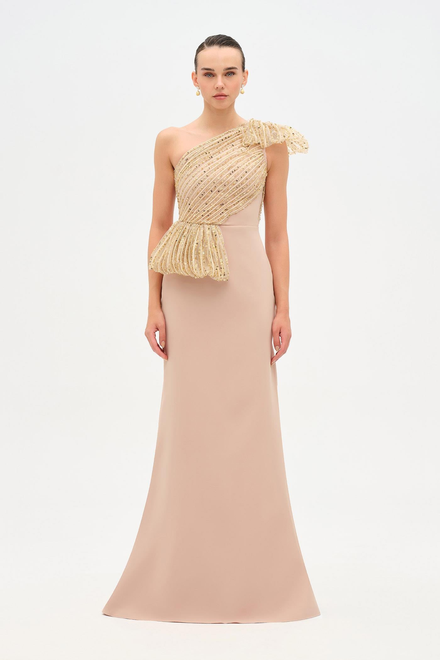One-Shoulder Detail Thin Draped Elegant Evening Dress - 26041C