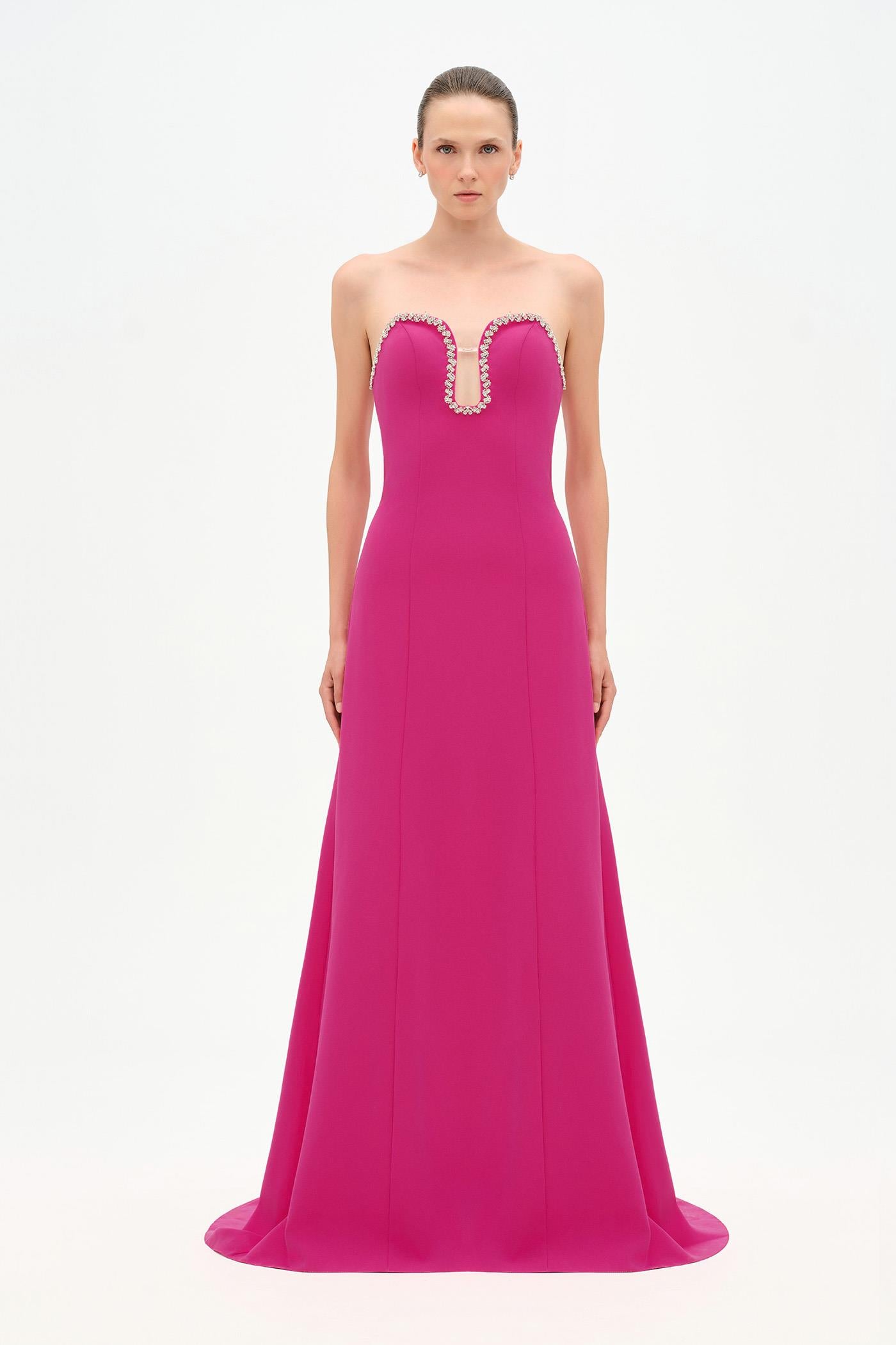 Strapless Embroidered Horseshoe Neck Detail Evening Dress - 26094C