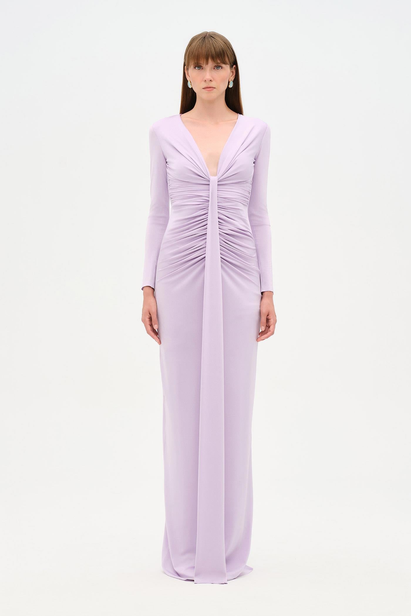 Draped Evening Dress with Deep Neckline - 26096C