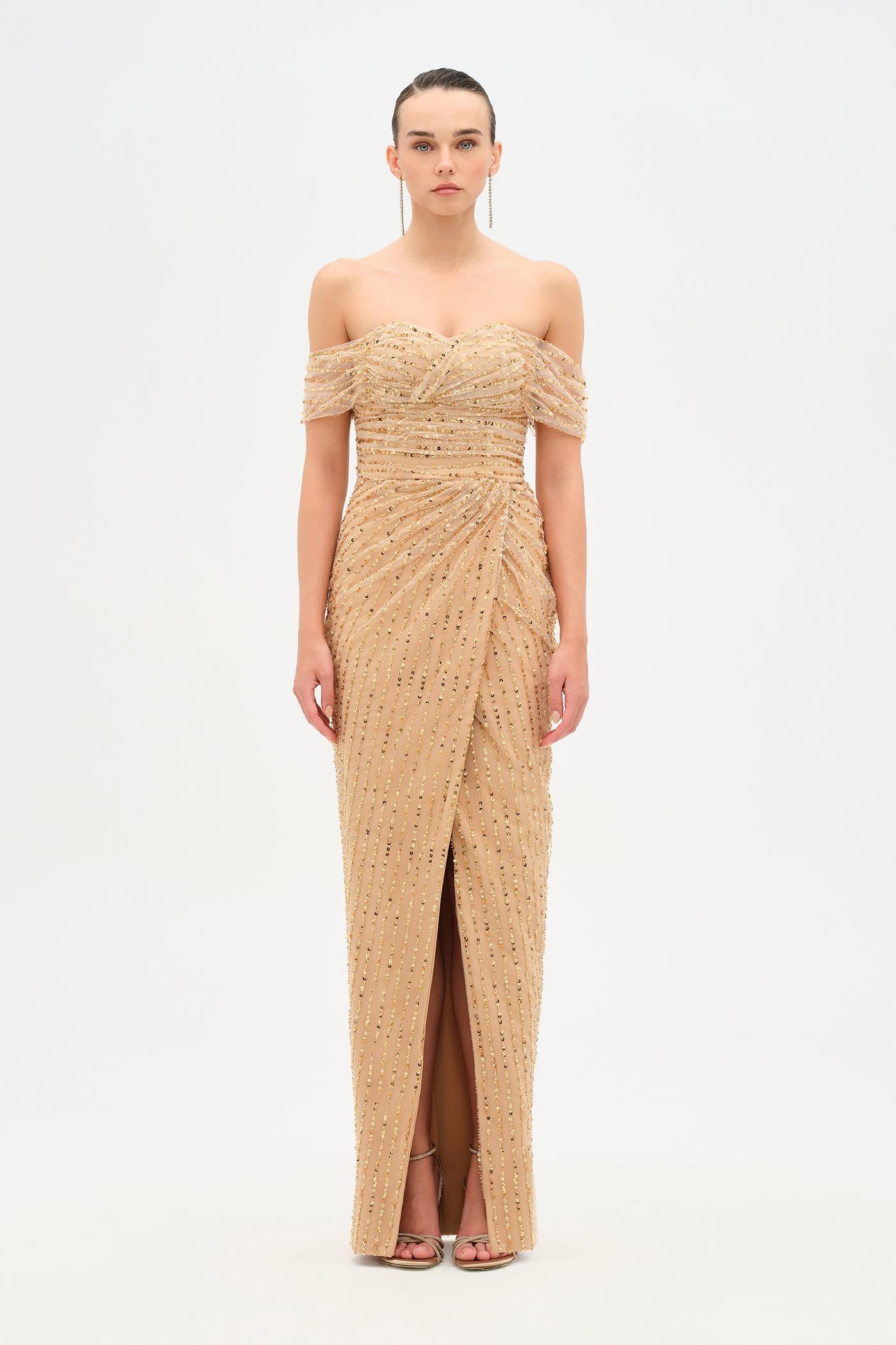 Front Slit Detail Draped Bust Strapless Evening Gown - 26119C