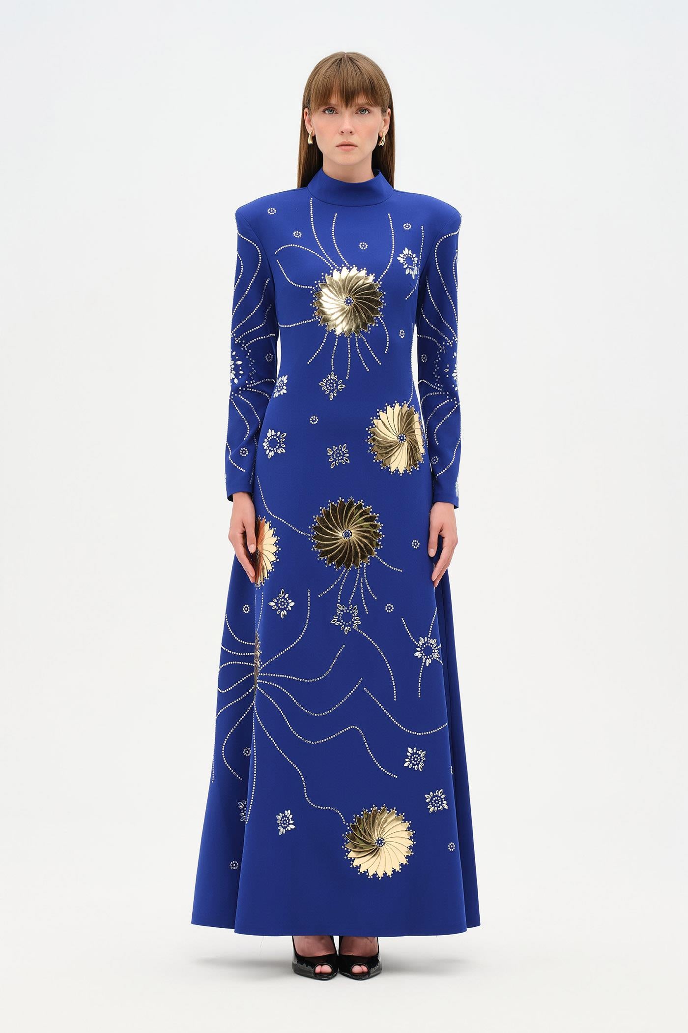 Flower Detailed Padded Modest Evening Dress - 26165C