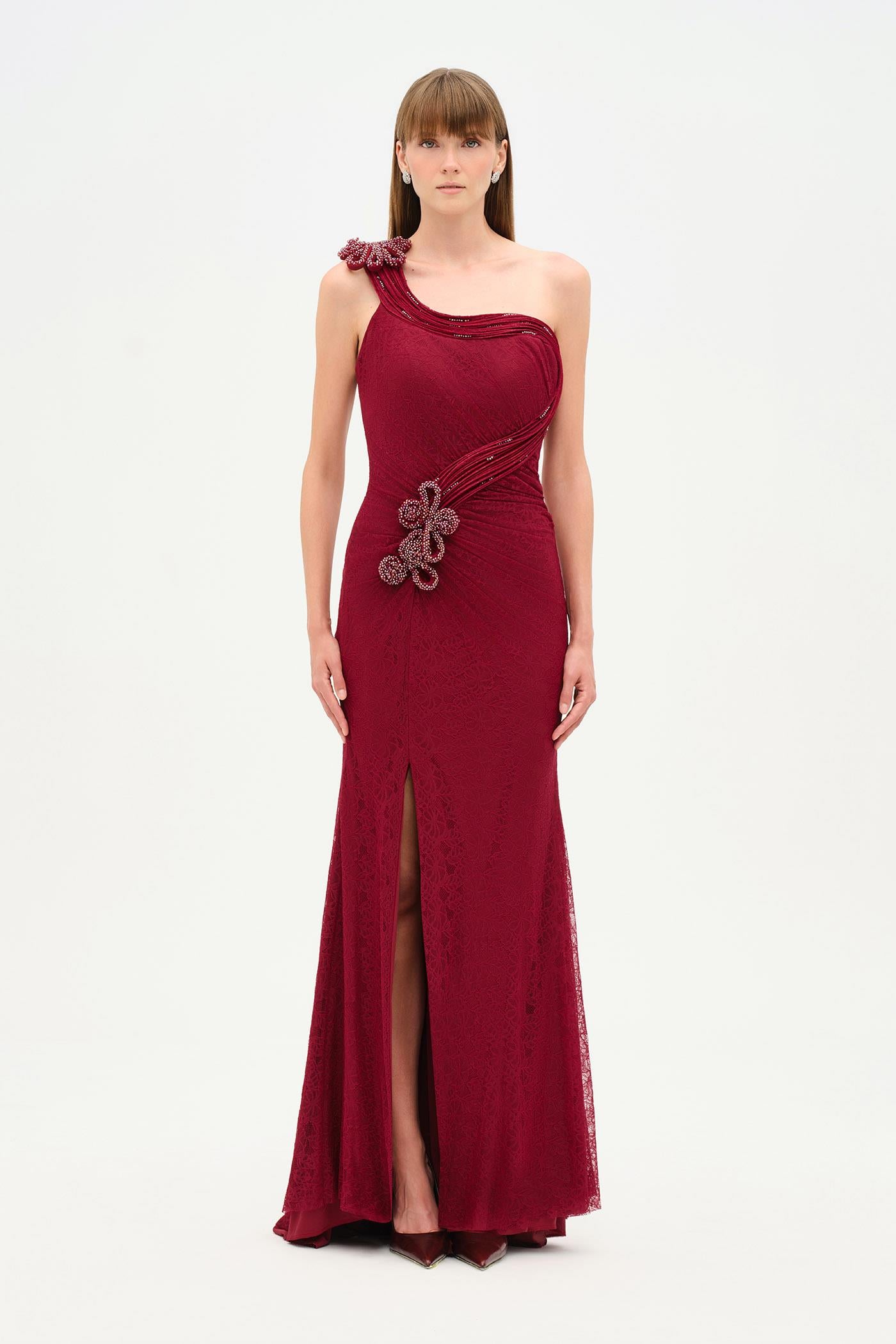 One-Shoulder Waist Drape Floral Detail Evening Dress - 26205C
