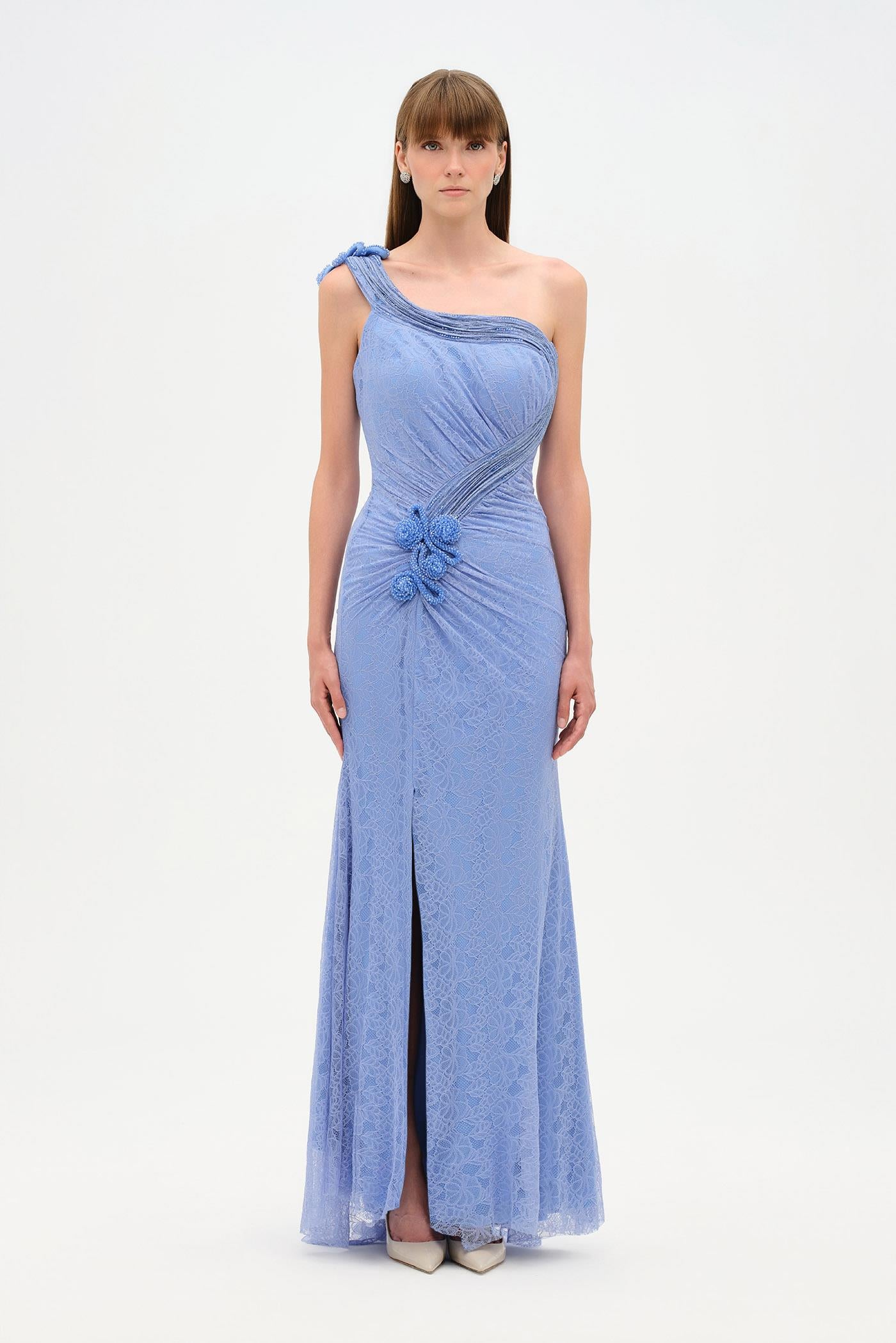 Tek Omuz Bel Drape Çiçek Detaylı Abiye Elbise - 26205C