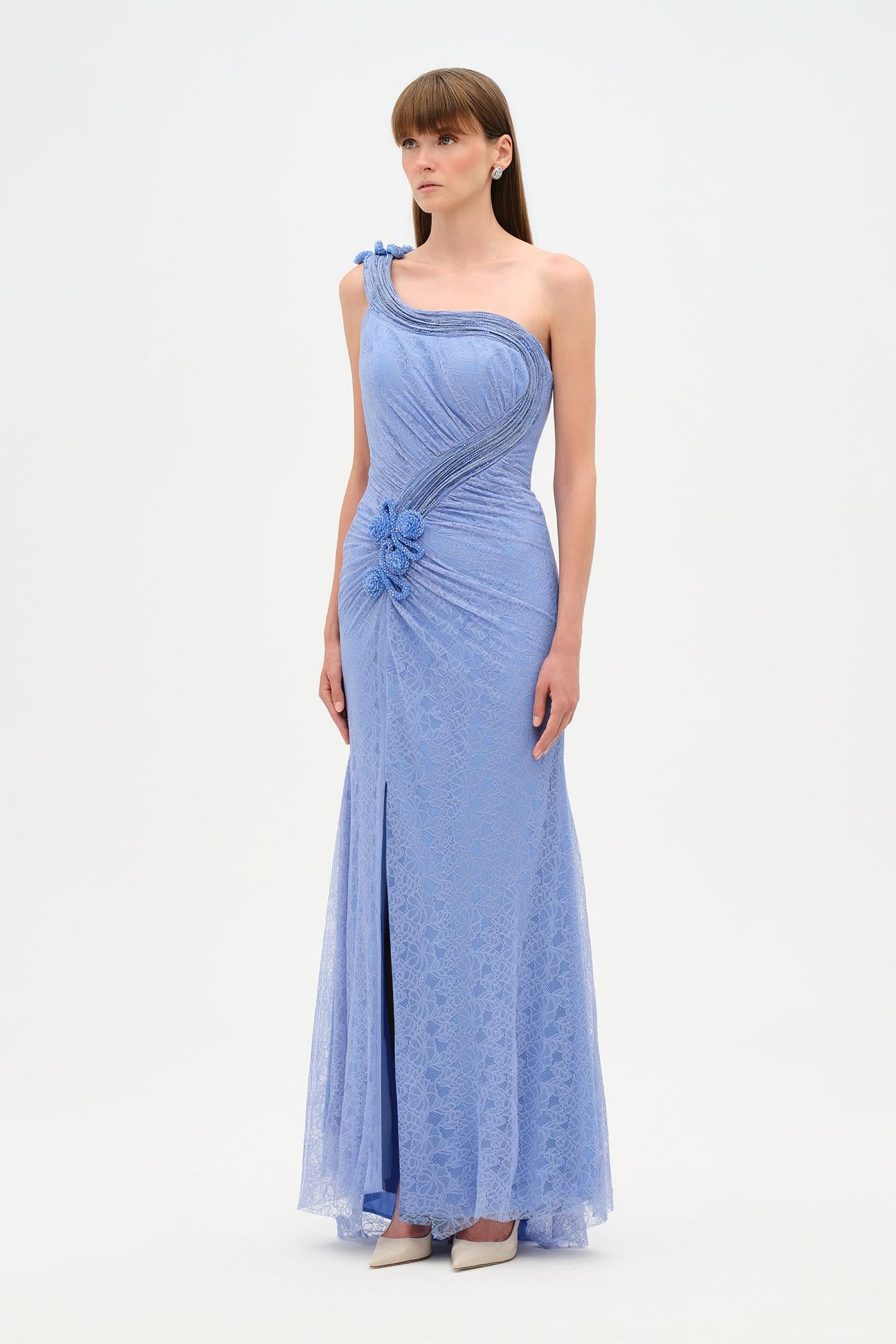 Tek Omuz Bel Drape Çiçek Detaylı Abiye Elbise - 26205C