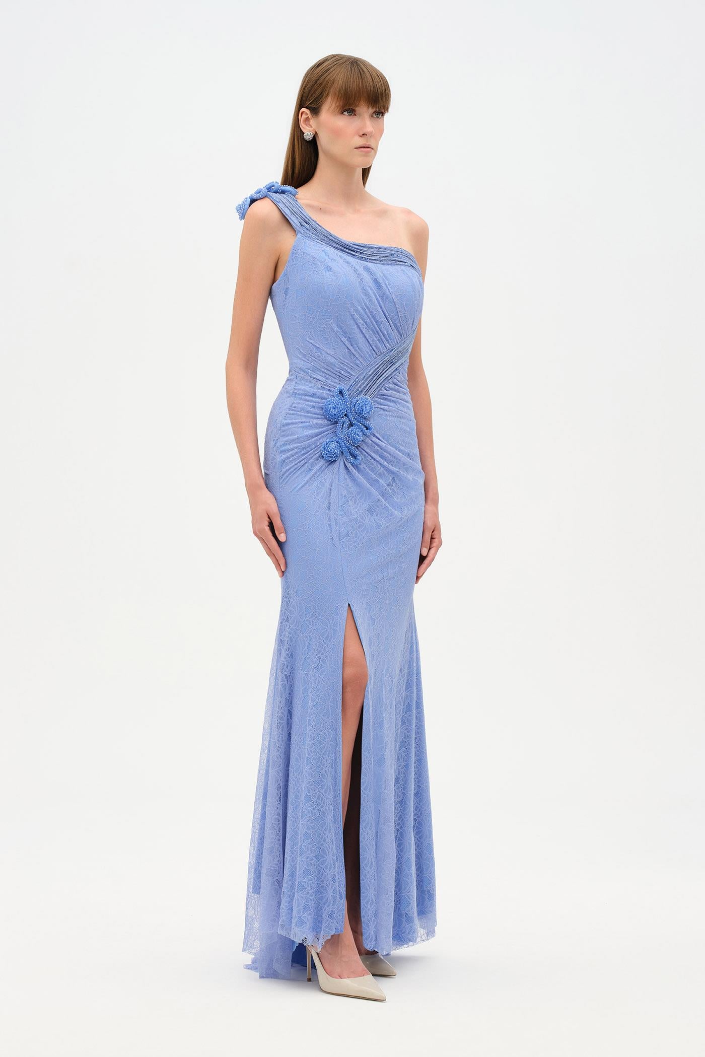 Tek Omuz Bel Drape Çiçek Detaylı Abiye Elbise - 26205C