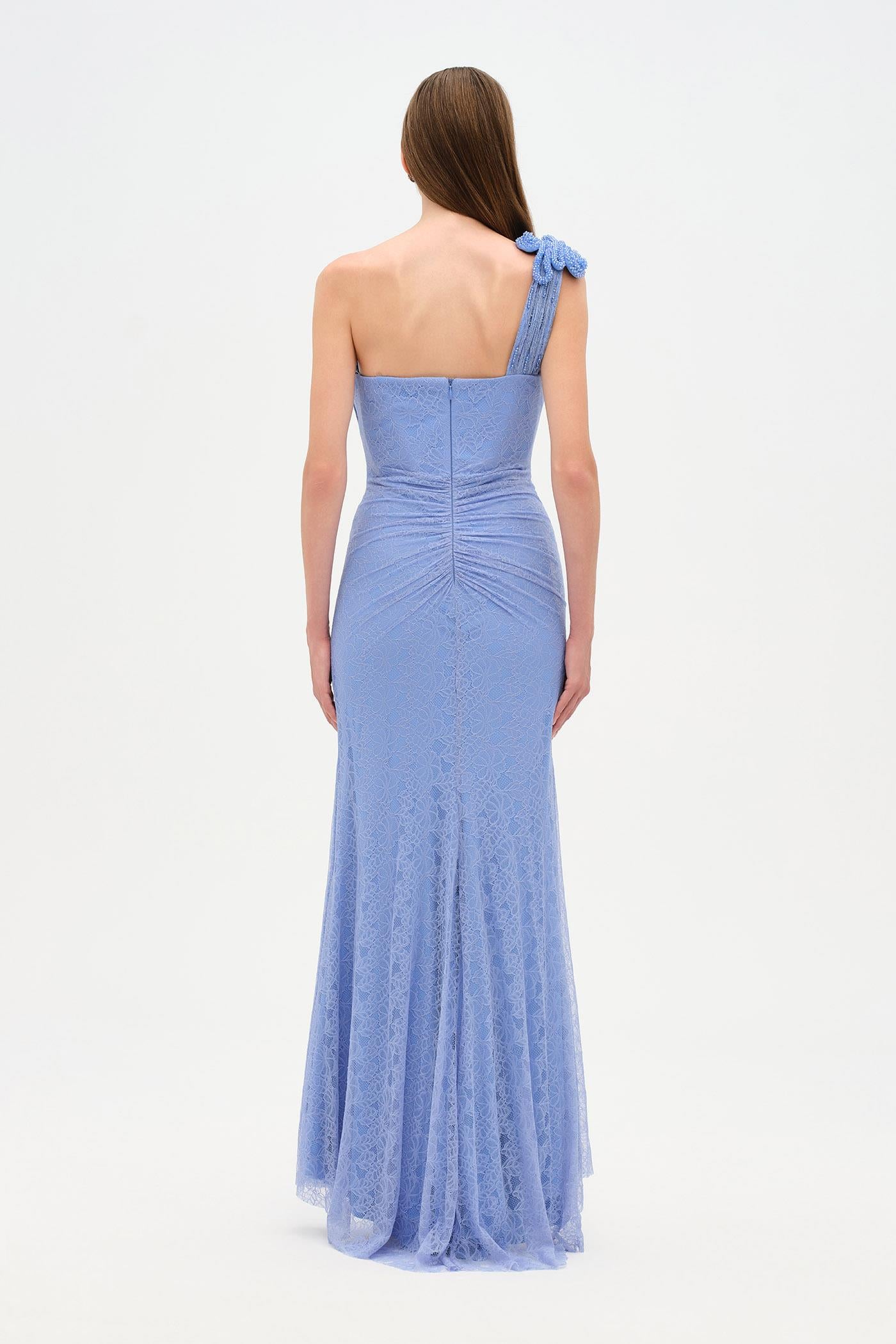 Tek Omuz Bel Drape Çiçek Detaylı Abiye Elbise - 26205C