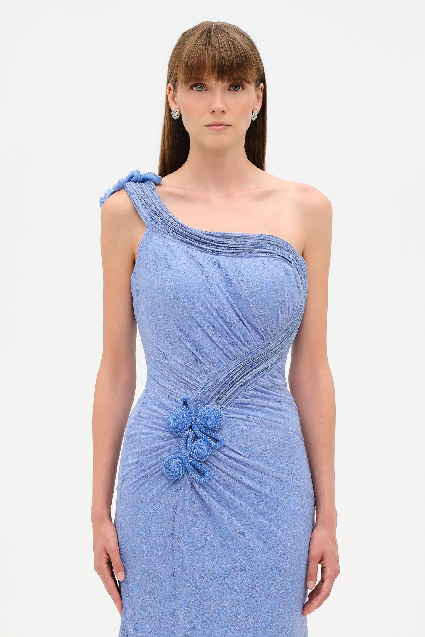 Tek Omuz Bel Drape Çiçek Detaylı Abiye Elbise - 26205C