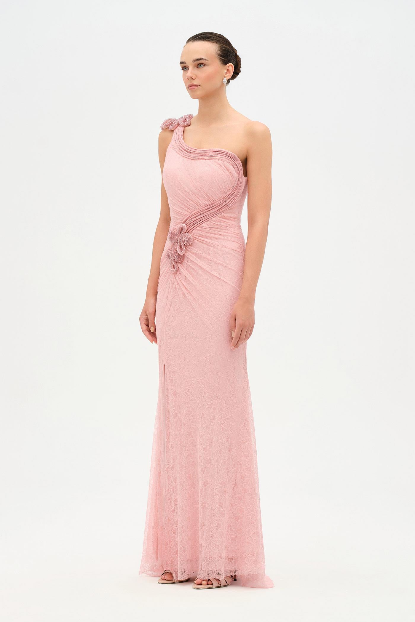 Tek Omuz Bel Drape Çiçek Detaylı Abiye Elbise - 26205C