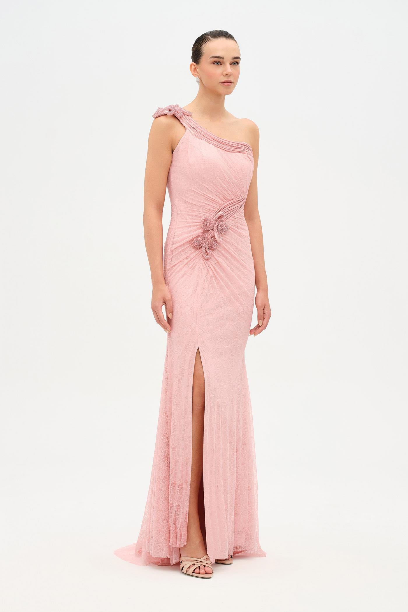 Tek Omuz Bel Drape Çiçek Detaylı Abiye Elbise - 26205C
