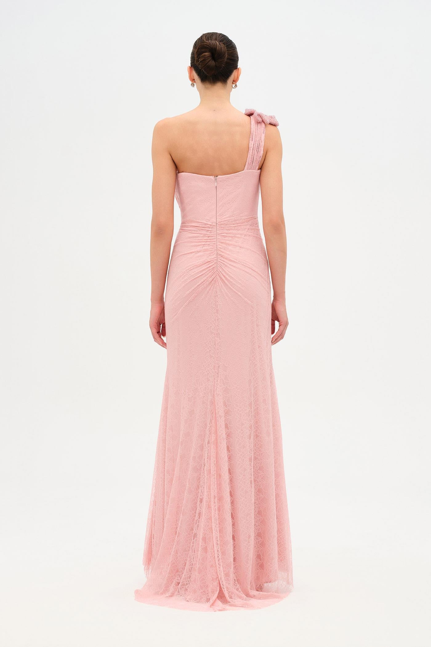 Tek Omuz Bel Drape Çiçek Detaylı Abiye Elbise - 26205C