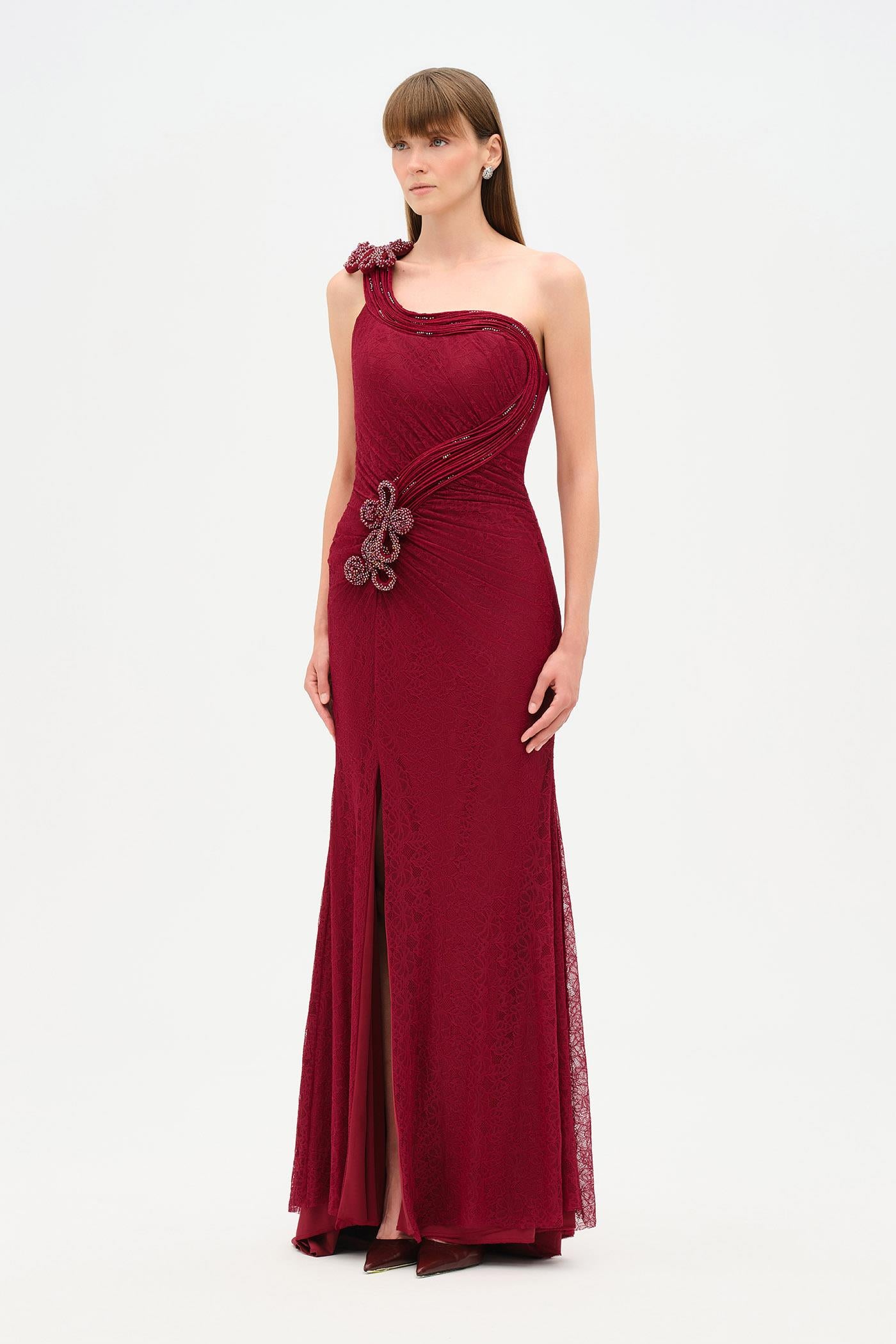 Tek Omuz Bel Drape Çiçek Detaylı Abiye Elbise - 26205C
