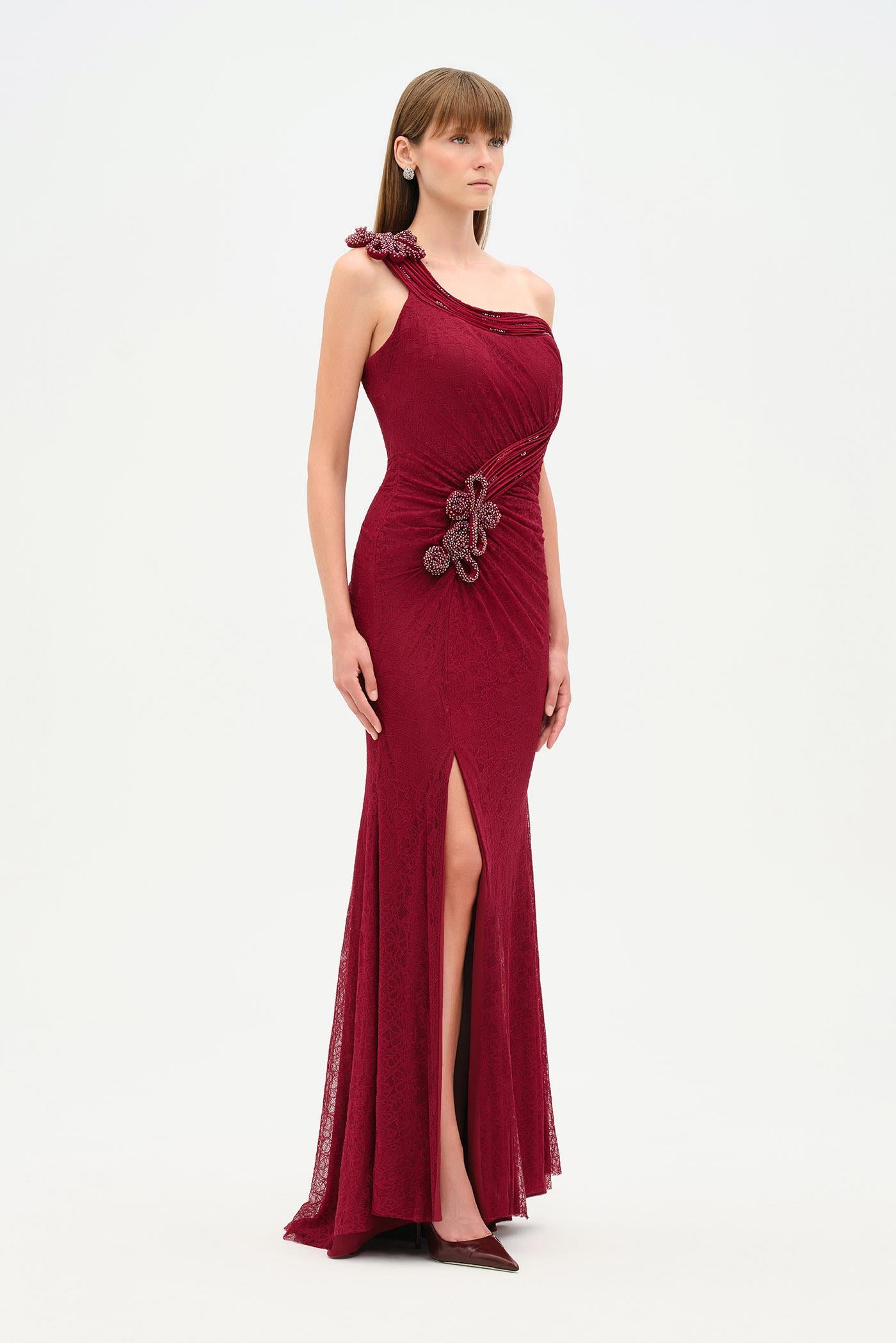 Tek Omuz Bel Drape Çiçek Detaylı Abiye Elbise - 26205C