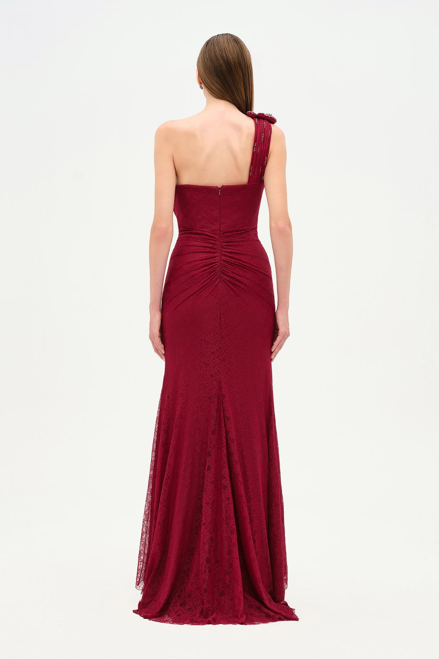 Tek Omuz Bel Drape Çiçek Detaylı Abiye Elbise - 26205C