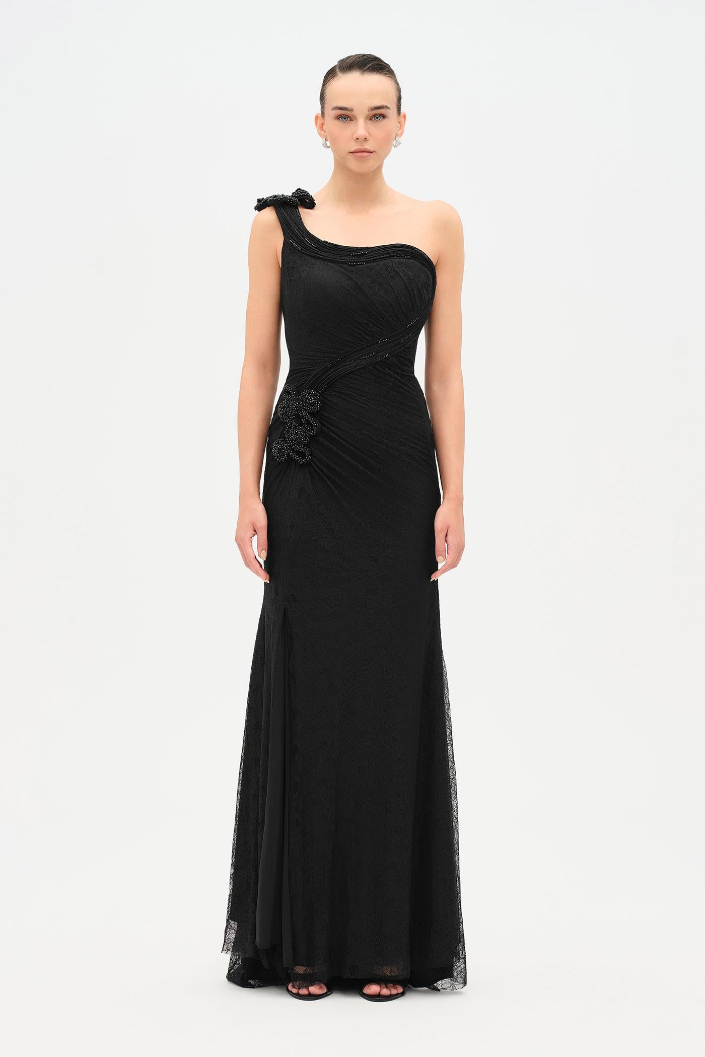 Tek Omuz Bel Drape Çiçek Detaylı Abiye Elbise - 26205C