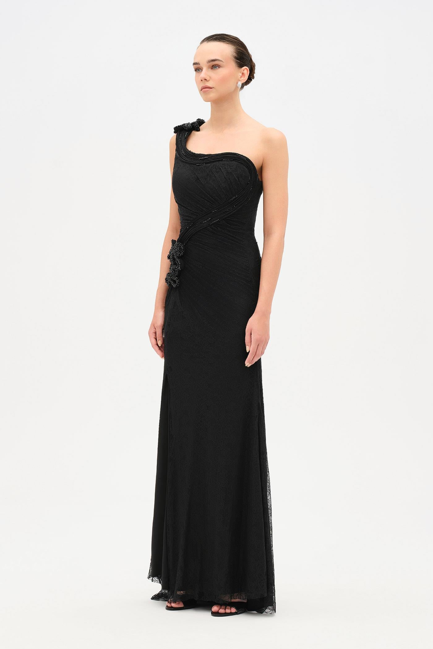 Tek Omuz Bel Drape Çiçek Detaylı Abiye Elbise - 26205C