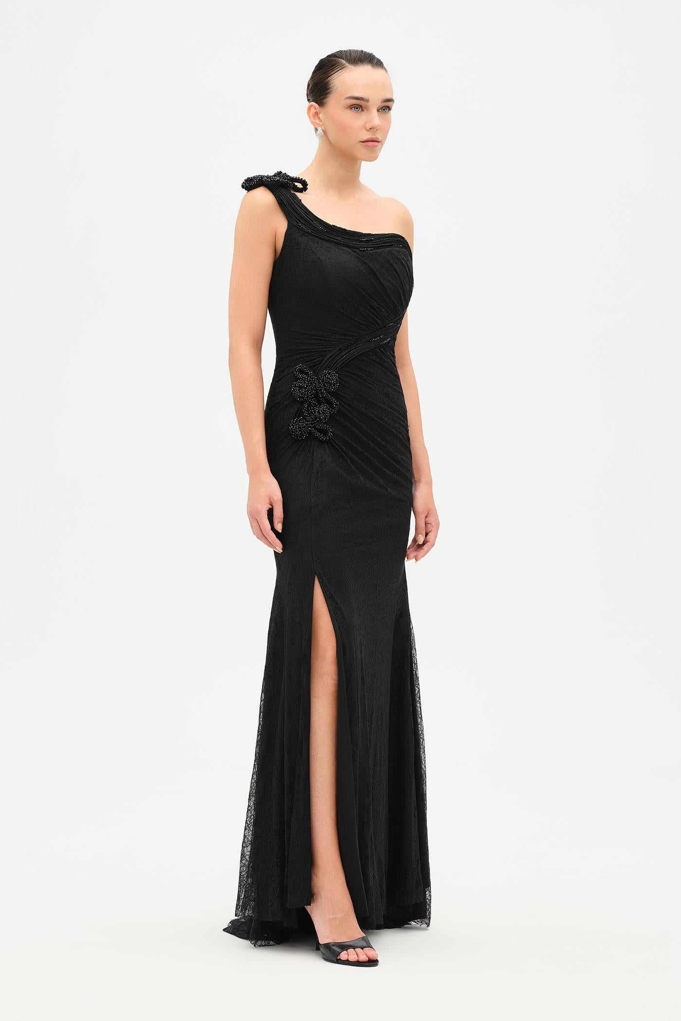 Tek Omuz Bel Drape Çiçek Detaylı Abiye Elbise - 26205C