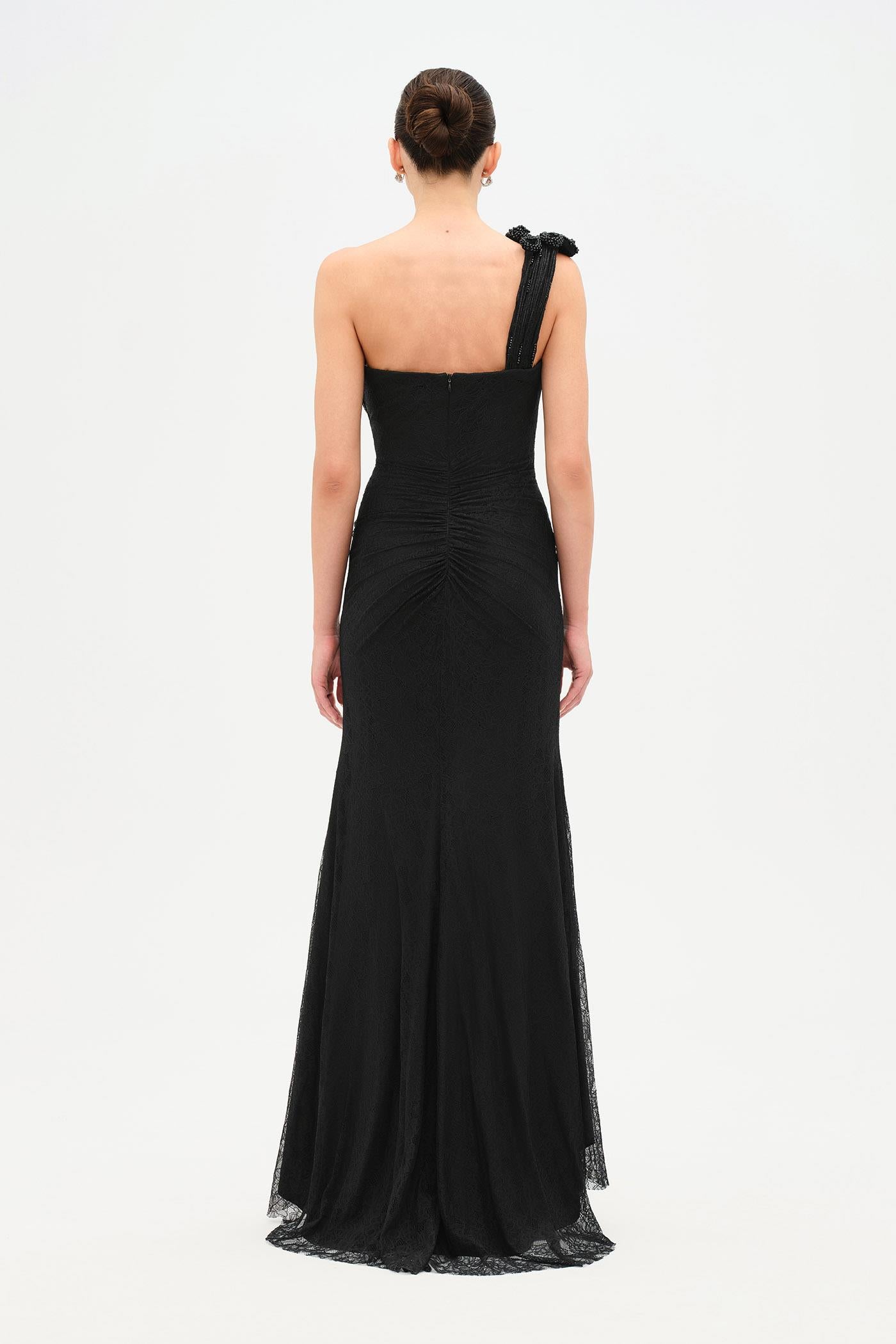 Tek Omuz Bel Drape Çiçek Detaylı Abiye Elbise - 26205C