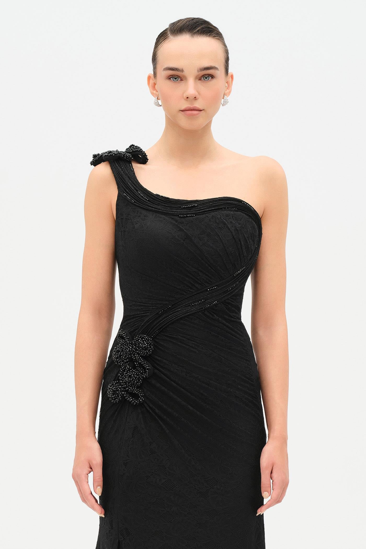 Tek Omuz Bel Drape Çiçek Detaylı Abiye Elbise - 26205C