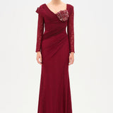 Dantelli Uzun Kollu Drape Abiye Elbise-26207C