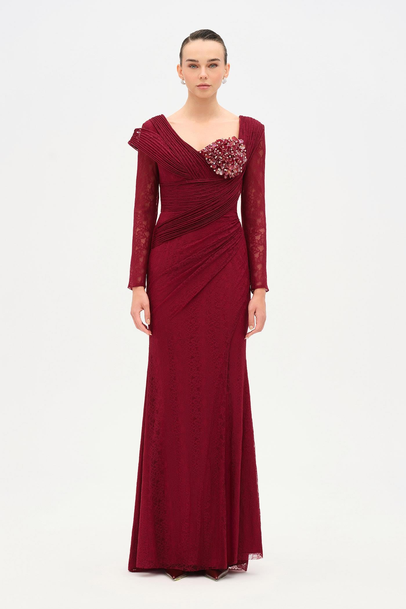 Lace Long-Sleeved Draped Evening Gown - 26207C
