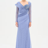 Dantelli Uzun Kollu Drape Abiye Elbise-26207C