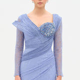 Dantelli Uzun Kollu Drape Abiye Elbise-26207C