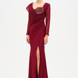 Dantelli Uzun Kollu Drape Abiye Elbise-26207C