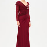Dantelli Uzun Kollu Drape Abiye Elbise-26207C