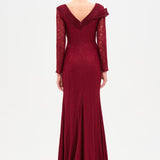 Dantelli Uzun Kollu Drape Abiye Elbise-26207C