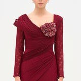 Dantelli Uzun Kollu Drape Abiye Elbise-26207C