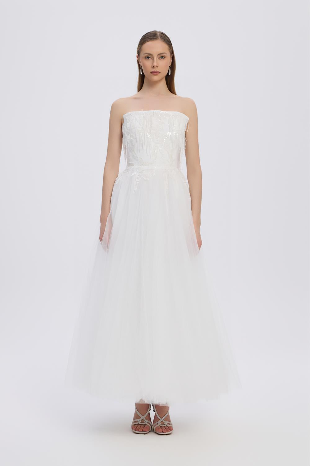 Stone Embroidered Strapless Long Evening Dress - 5131C