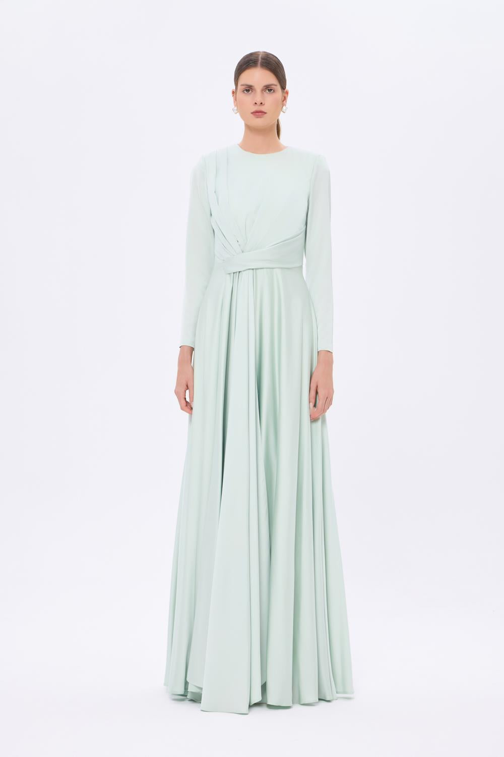 Long Sleeve Evening Dress with Waist Drape Detail - 9208C - BLACK