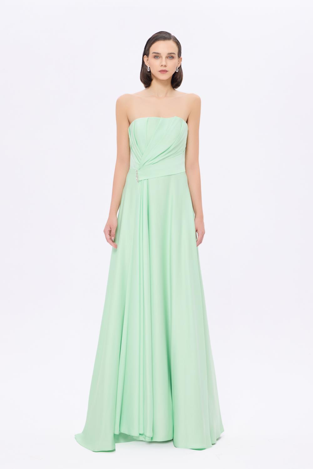 Stone Detailed Draped Strapless Long Evening Dress - 9209C