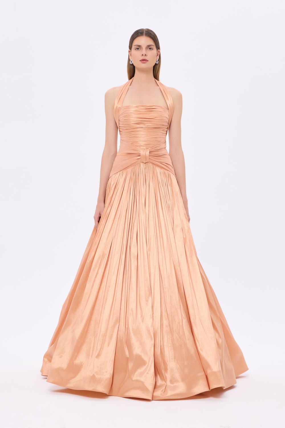 Draped Taffeta Long Evening Gowns with Neck Straps - 9280C