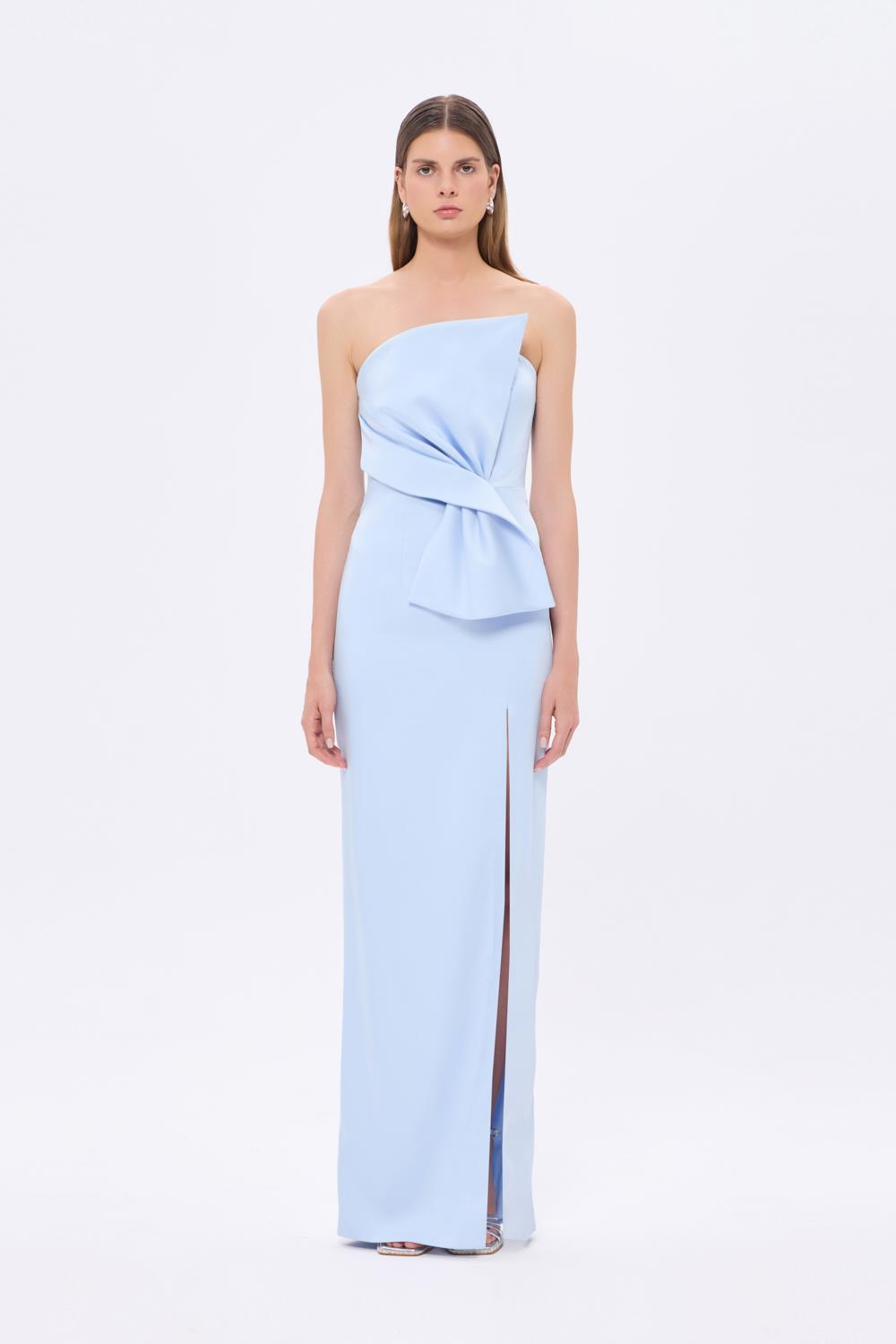 Strapless Collar Slit Satin Long Evening Dress - 9281C