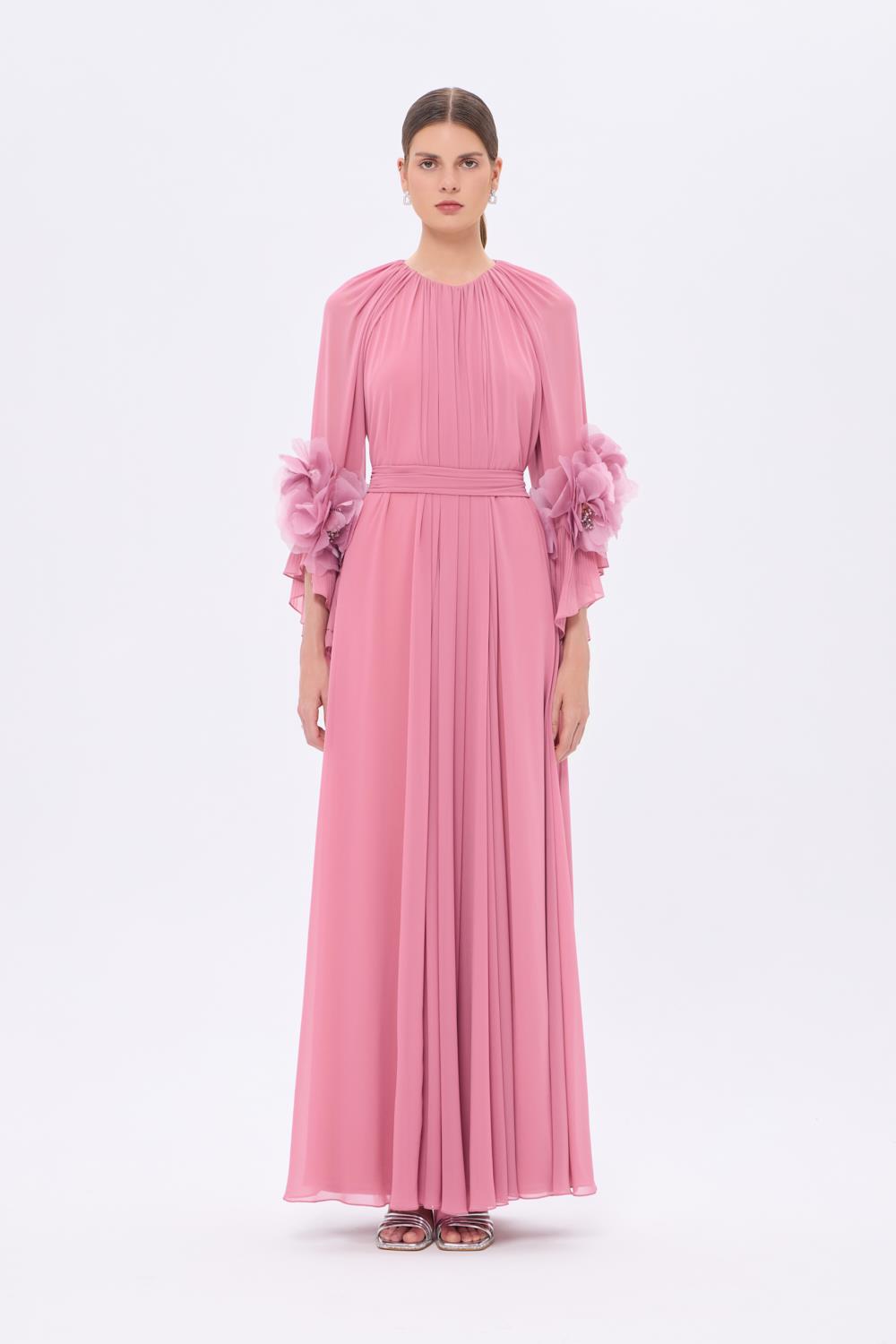 Flower Sleeve Detailed Flared Long Evening Dress - 9285C - Dusty Rose