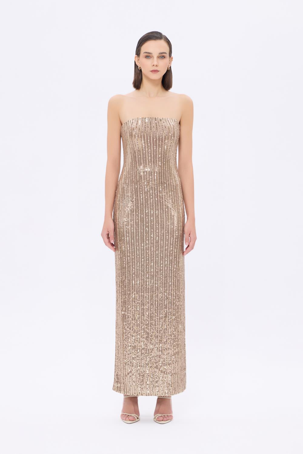 Strapless Neckline Slit Sequin Long Evening Dress - 9293C