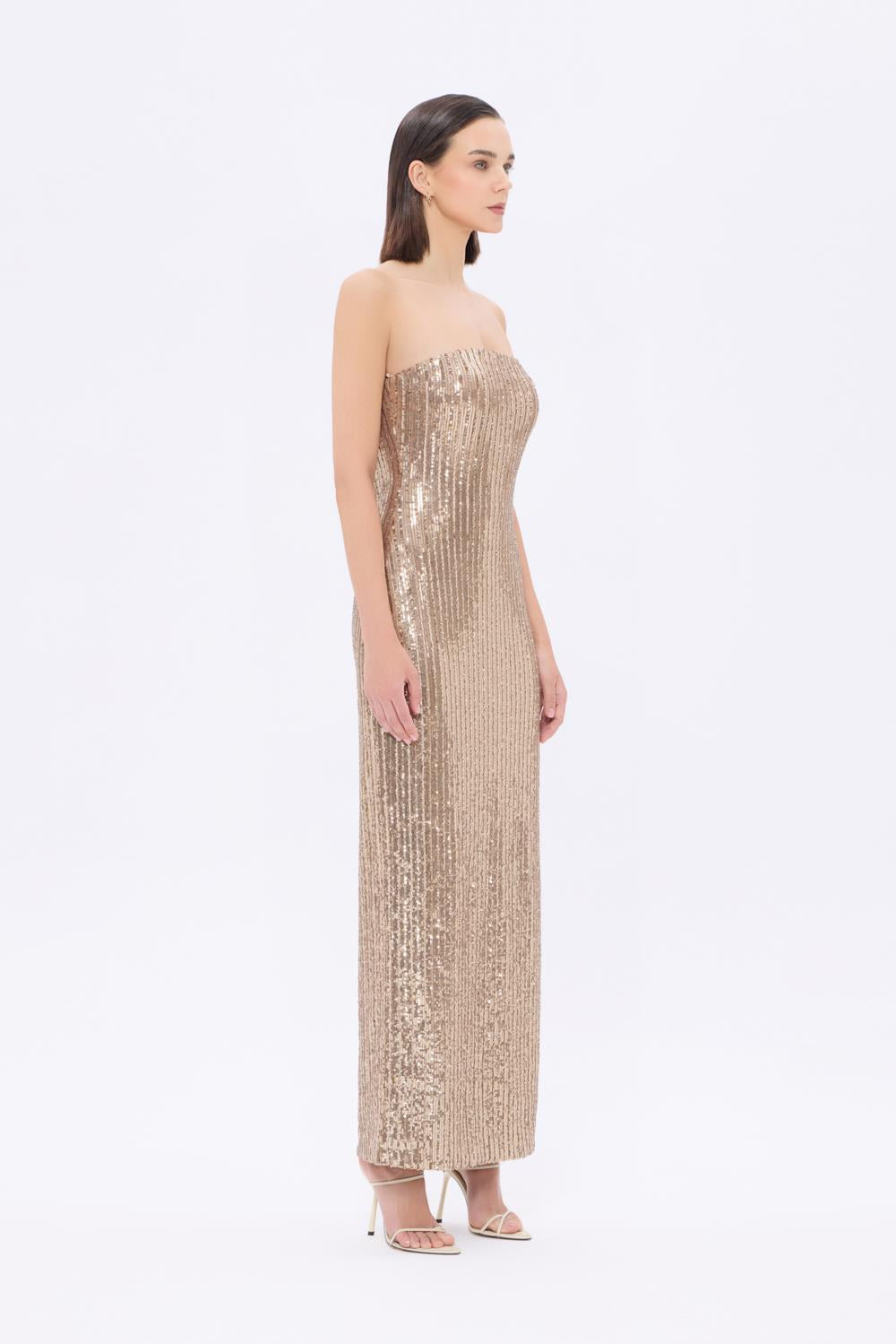 Strapless Neckline Slit Sequin Long Evening Dress - 9293C