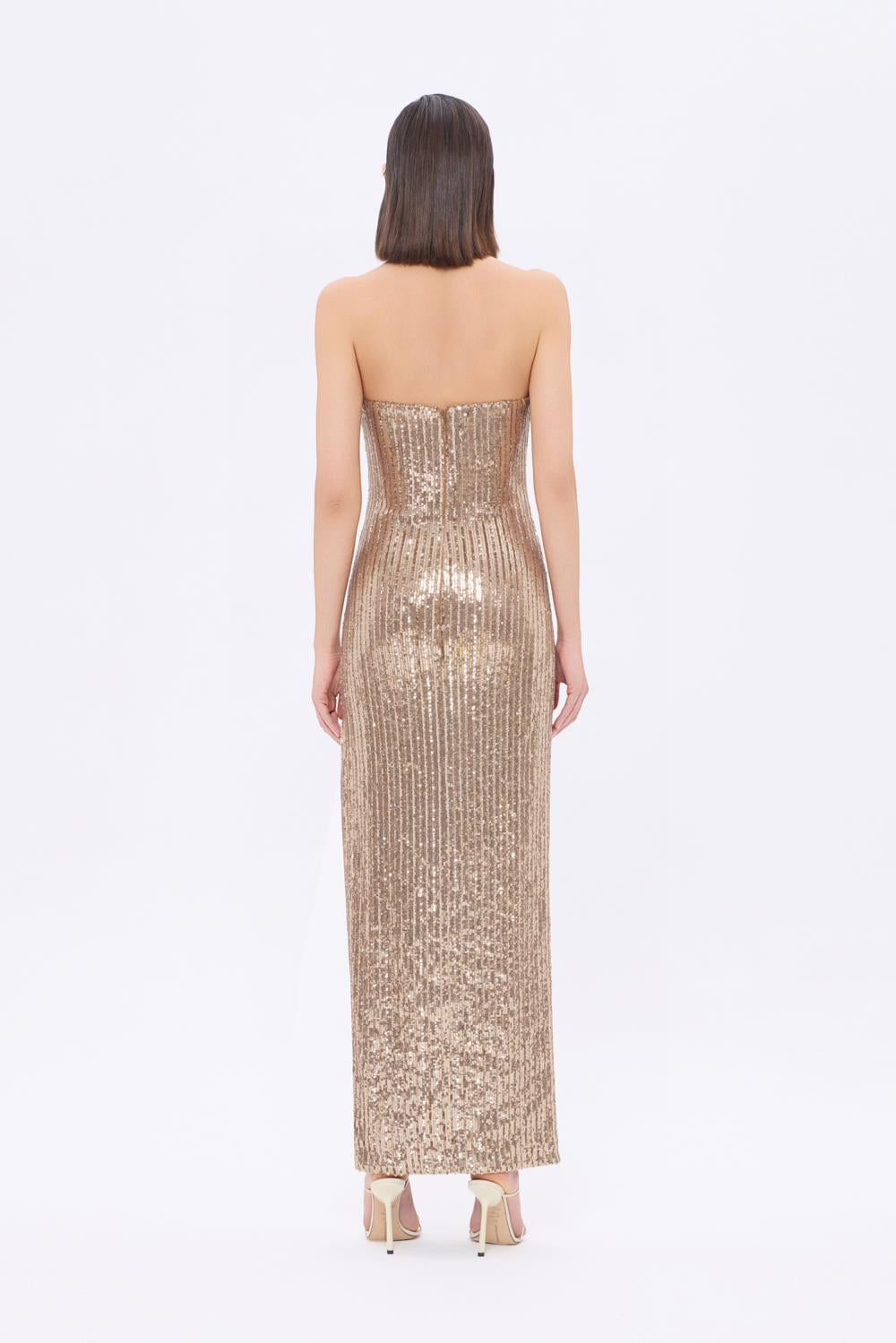Strapless Neckline Slit Sequin Long Evening Dress - 9293C