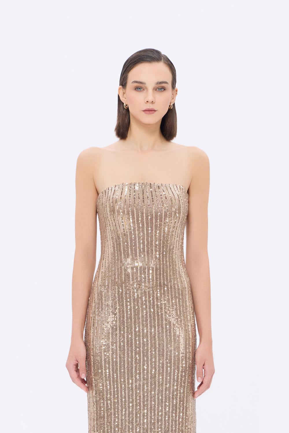 Strapless Neckline Slit Sequin Long Evening Dress - 9293C