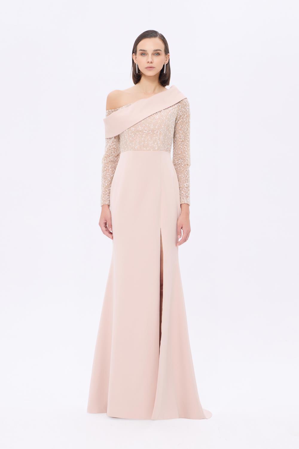 Embroidered Detailed Asymmetrical Neck Long Evening Dress - 9342AC - BLACK
