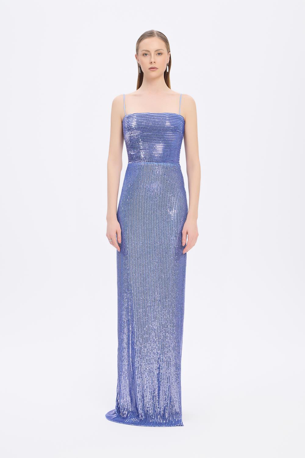 Sequined Long Evening Dress with Straps - 9366C - BLACK