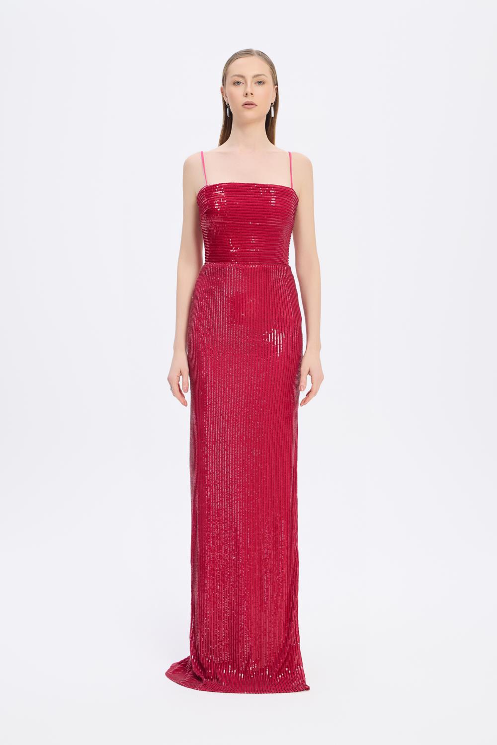 Sequined Long Evening Dress with Straps - 9366C - BLACK