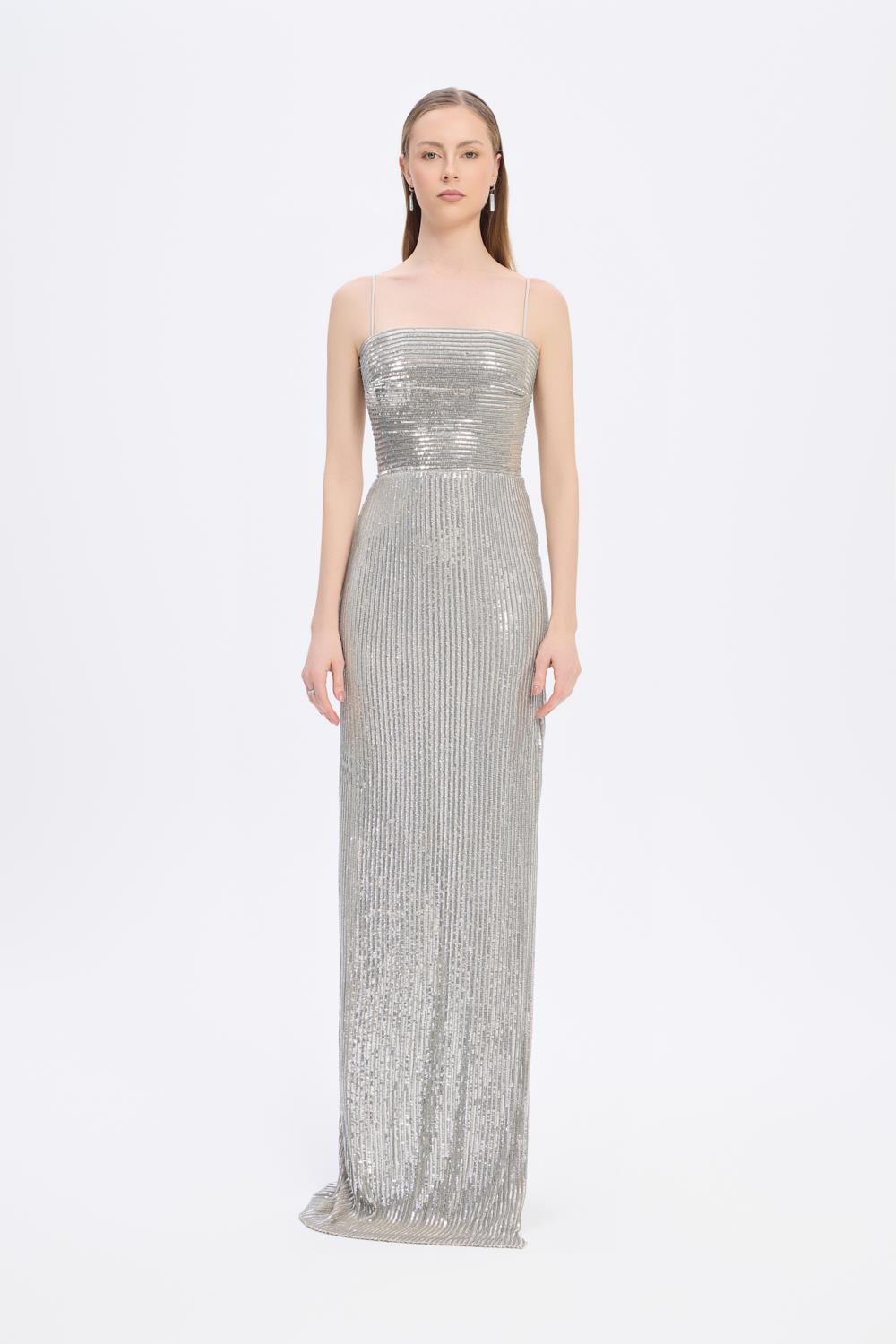 Long Evening Dress with Straps and Sequins - 9366C