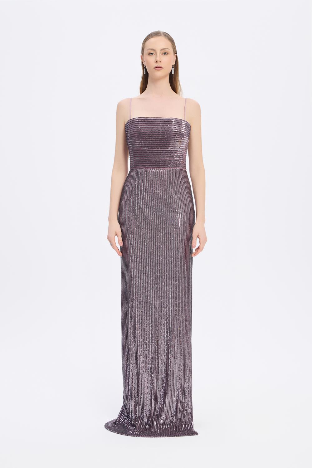 Long Evening Dress with Straps and Sequins - 9366C