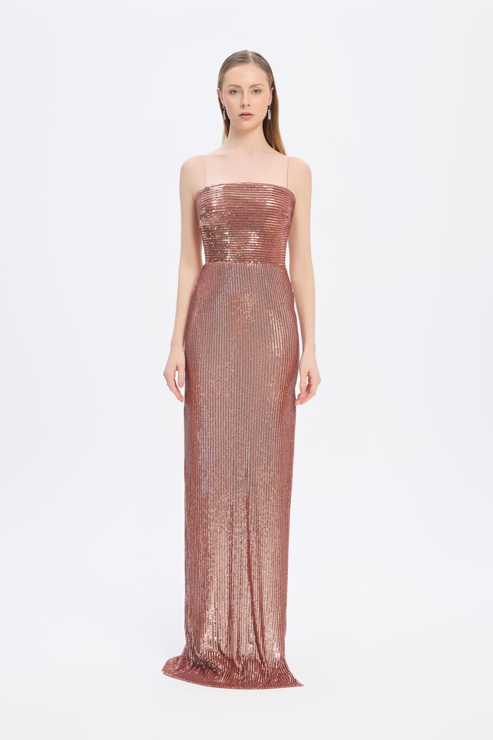 Long Evening Dress with Straps and Sequins - 9366C