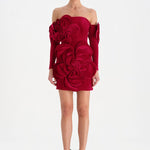 Çiçek Detaylı Kadife Mini Abiye Elbise - 26017C - KIRMIZI